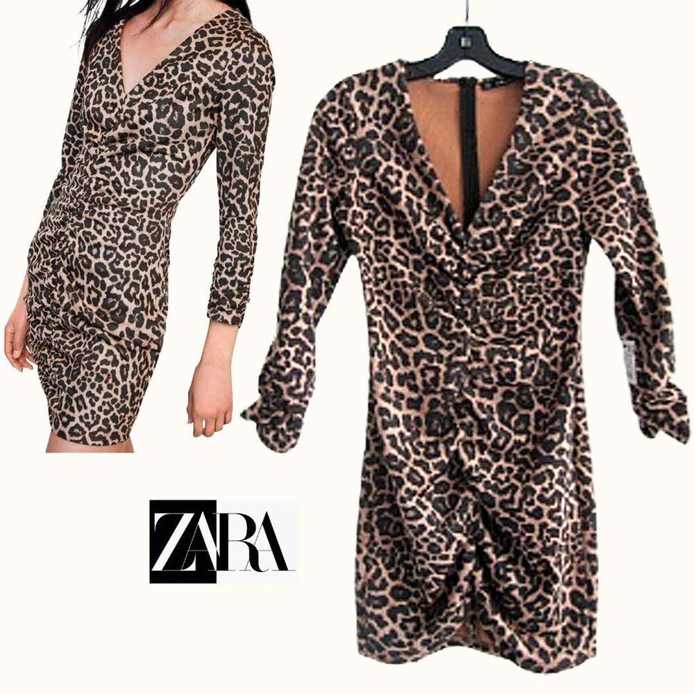 ZARA NEW Goth Glam Scuba Ruche Leopard V-Neck 3/4-Sleeve Mini Dress XS